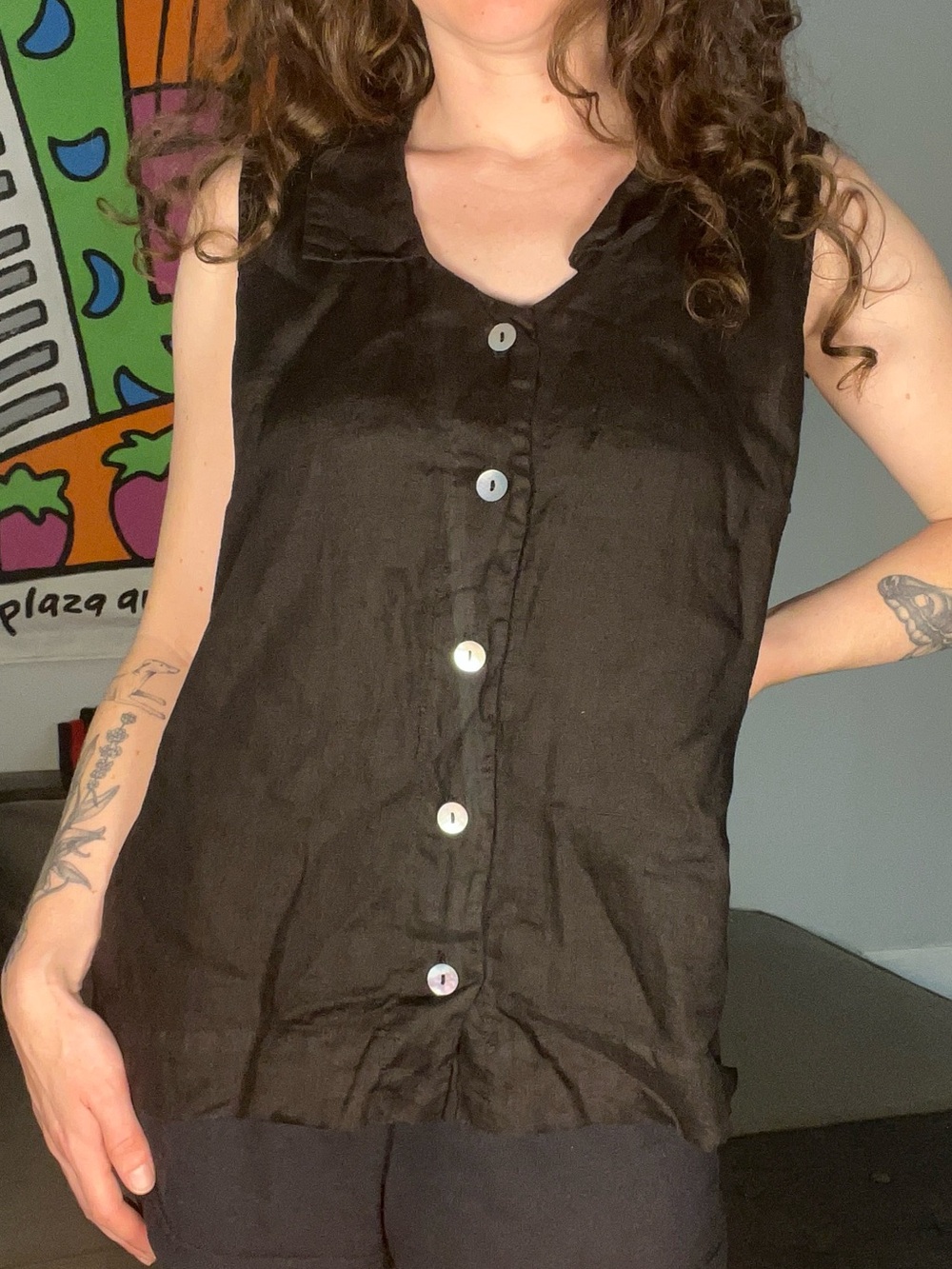 Cut Loose Sleeveless Black Linen Button Up Top Size Medium